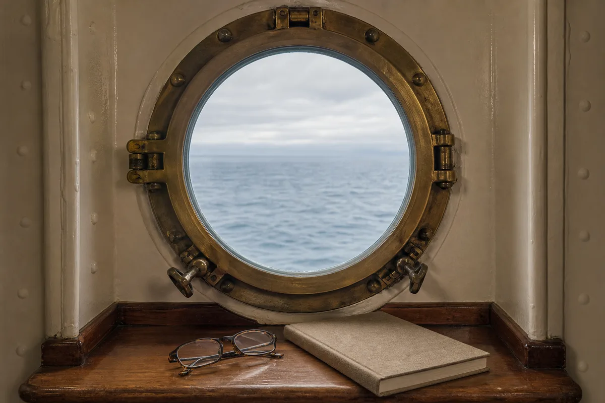 Hublot rond d&rsquo;une cabine extérieure de paquebot ouvrant sur la mer calme