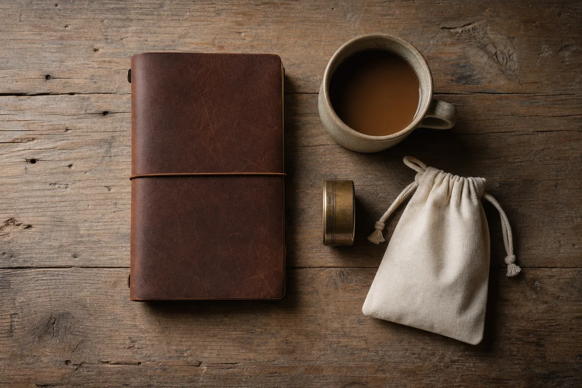 Carnet de voyage fermé, boussole en laiton et sac en toile sur une table en bois