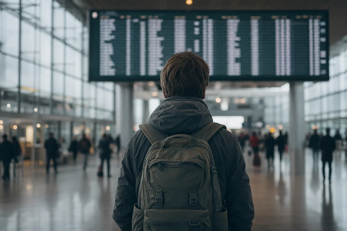 Voyageur de dos face à un tableau d’affichage des départs dans un aéroport international