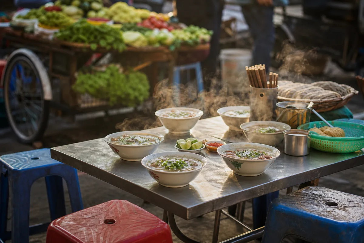 Petit-déjeuner local sur un marché asiatique, gargote de rue avec tabourets en plastique