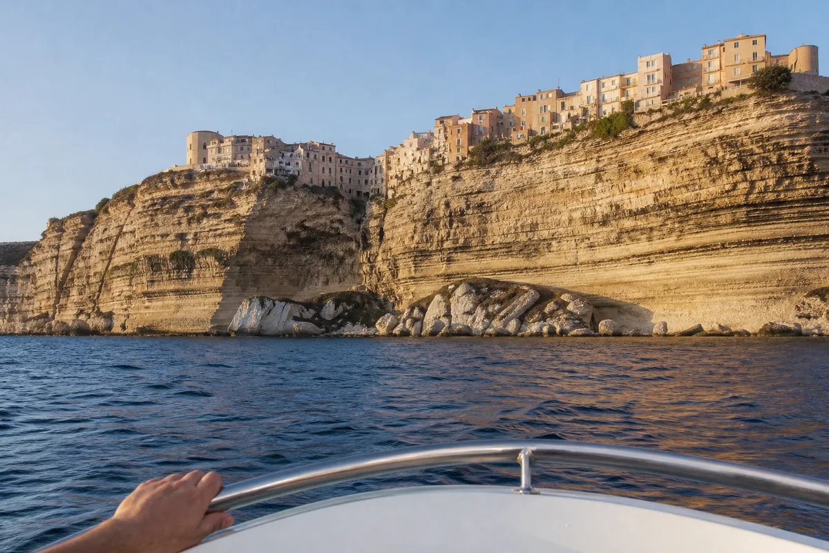 Vue en mer des falaises calcaires de Bonifacio depuis le pont d un bateau