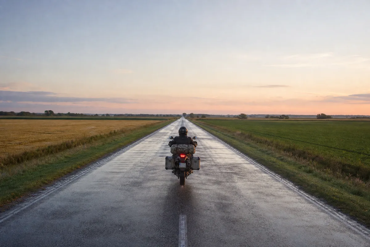 Pilote casqué de dos sur une moto de voyage roulant vers l&rsquo;horizon