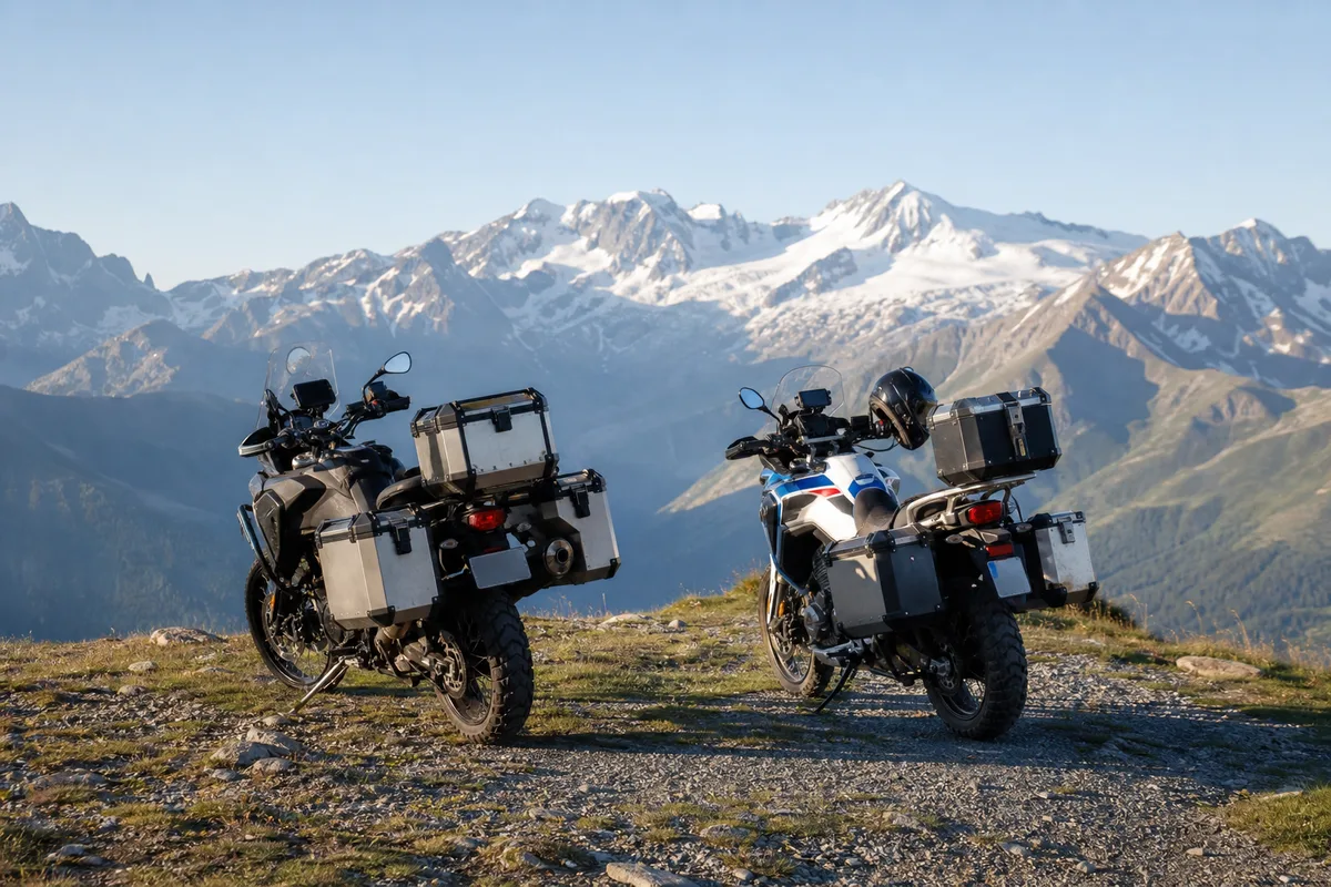 Deux motos de voyage garées face à un col de montagne au petit matin