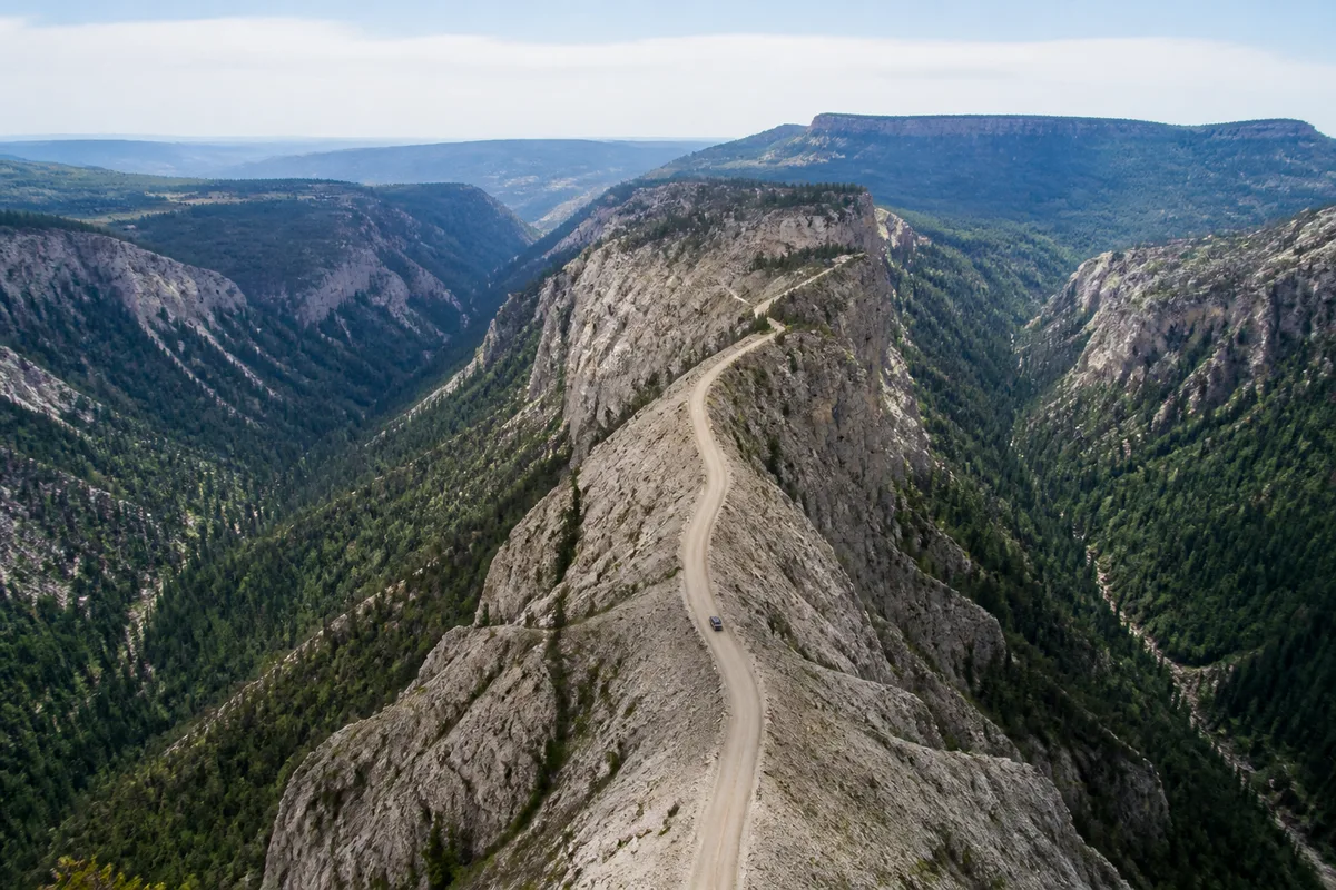 Route sinueuse serpentant sur une crête étroite entre canyons et pins