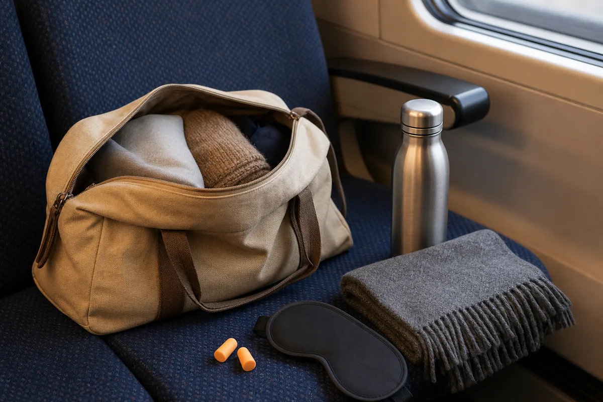 Petit sac de voyage ouvert posé sur une banquette de train avec écharpe pliée et bouteille réutilisable